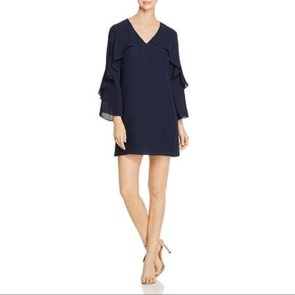 Kobi Halperin Navy Bethenny Ruffle Sleeve Shift dress.